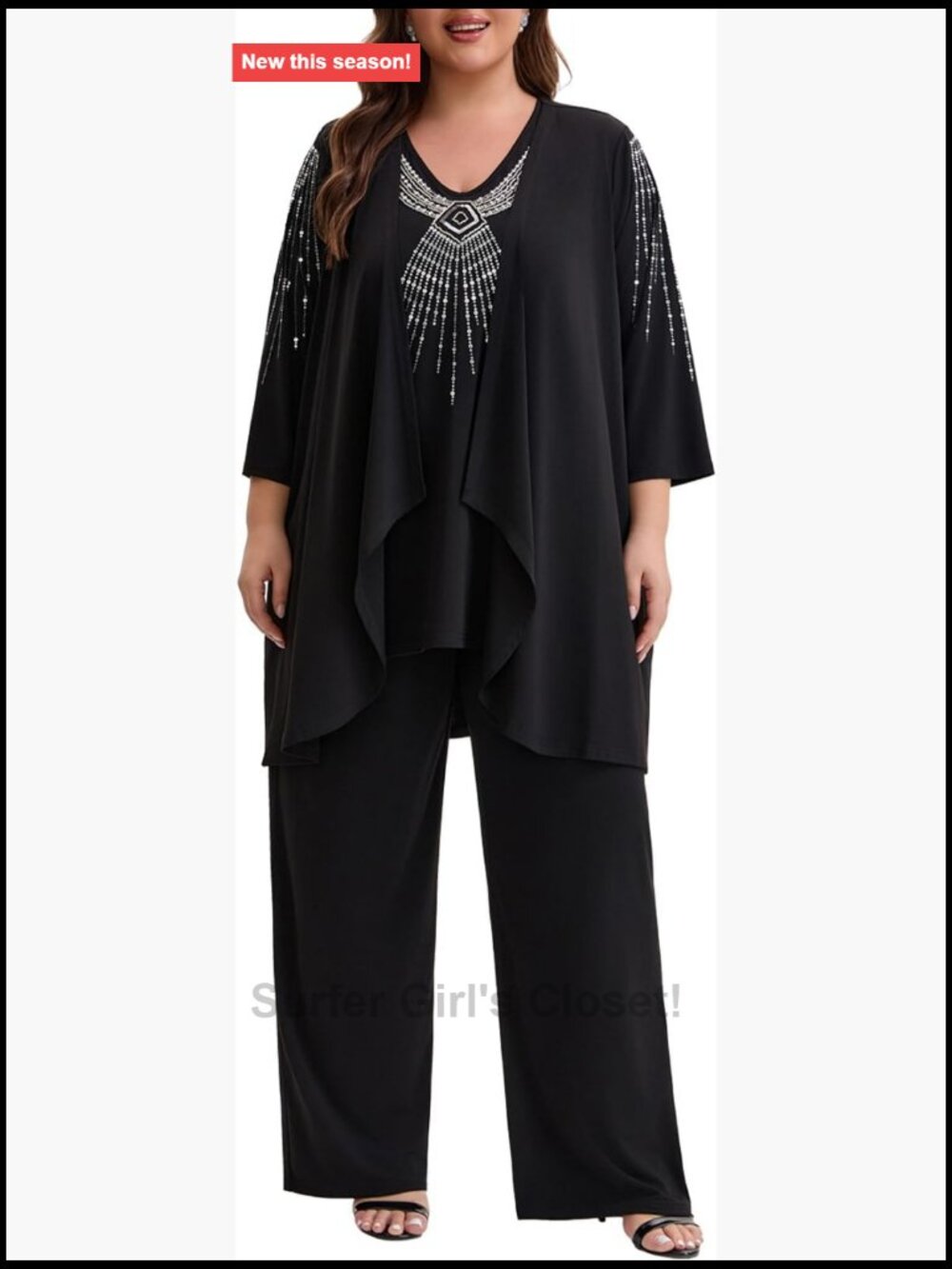 Plus Size Mother of Bride Pant Suit 3 Piece Sequin Embroidered Knit Wedding